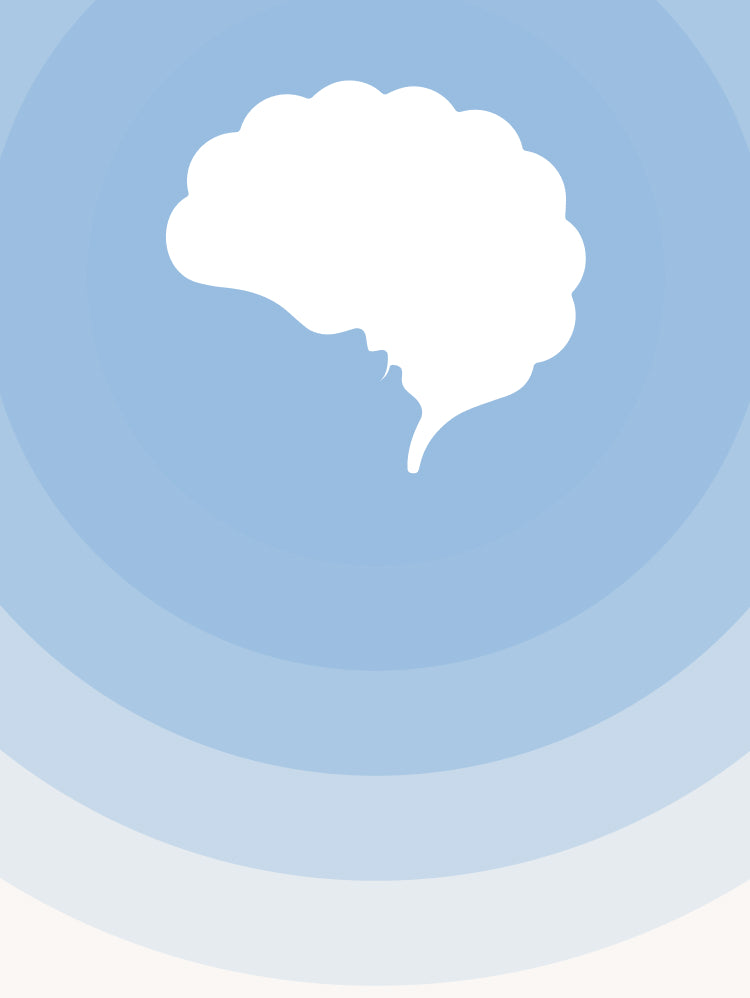White brain silhouette centered on a horizontal blue gradient with circular waves.